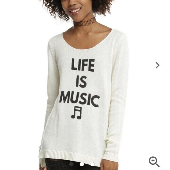 Hot Topic Ivory Cream Lace-Up Criss Cross Back Life Is Music Sweater Size Medium - Picture 1 of 10